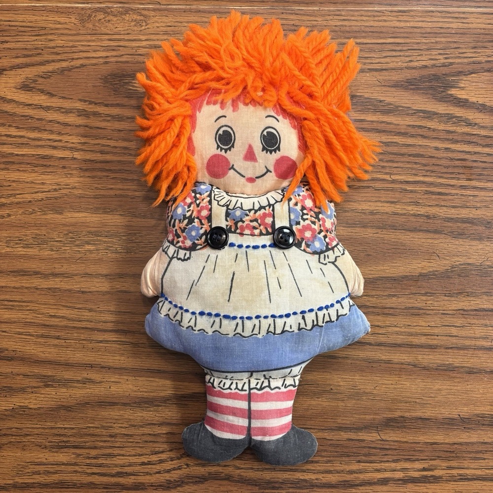 Vintage Raggedy Ann Plush Flat Pillow Doll Hand Stitched Stamped Fabric‎ 12" Toy